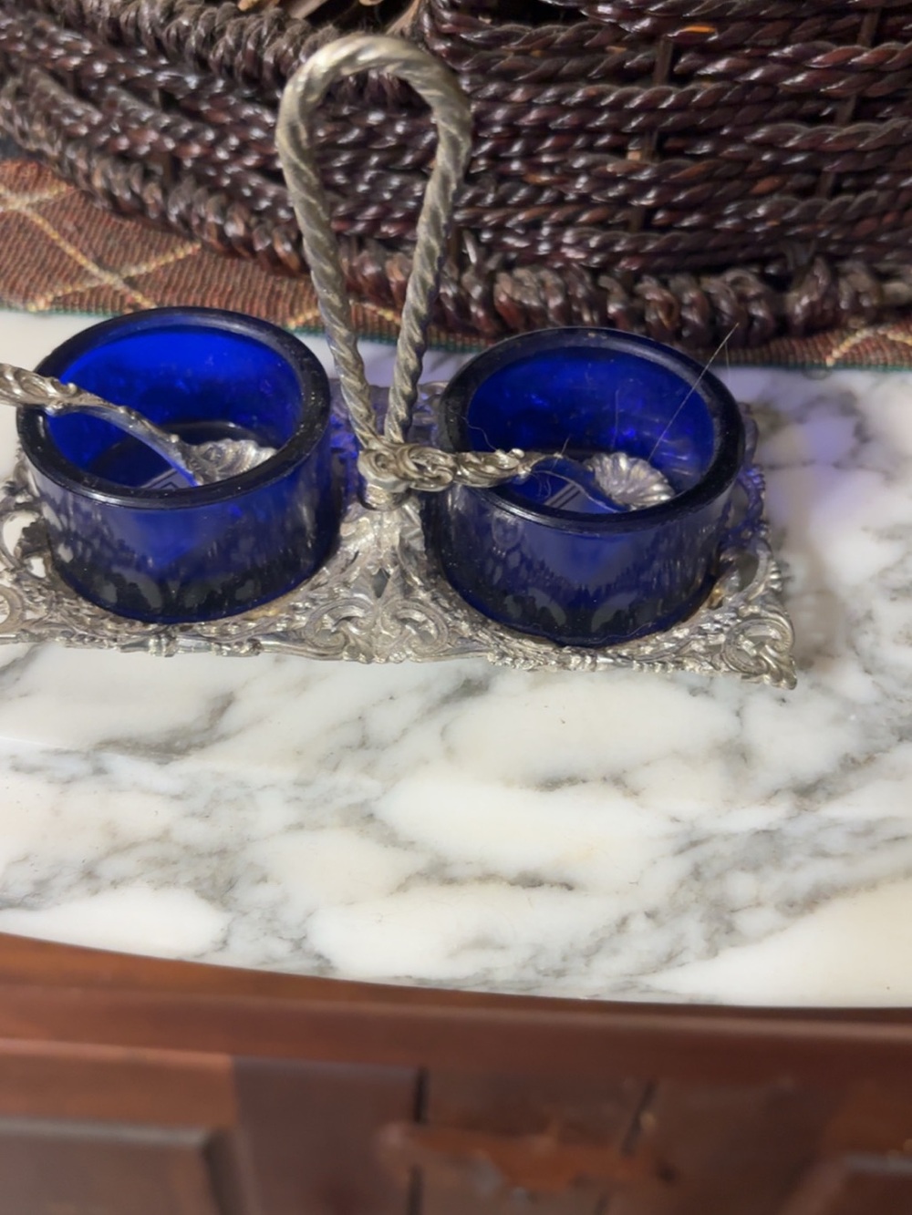 Source Unknown Cobalt Blue Glass Double Salt Cellars with Silver-Tone Tray